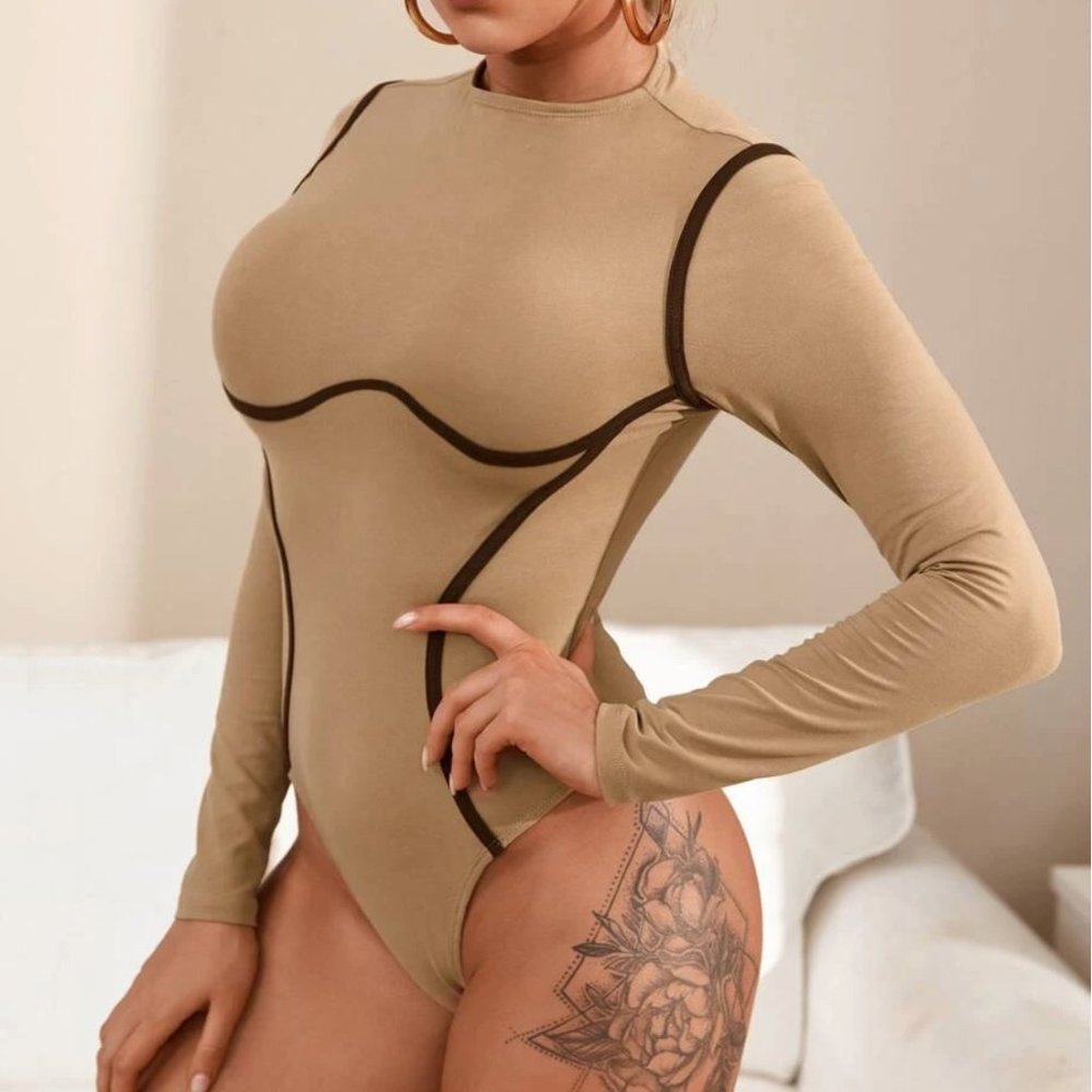 Contrast Piping Rib-knit Bodysuit
